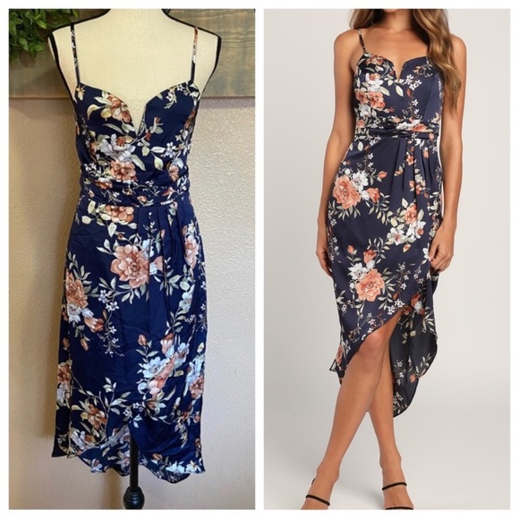 NWOT Lulus My Favorite Day Navy Blue Floral Print Tulip Skirt Midi Dress - Picture 1 of 13